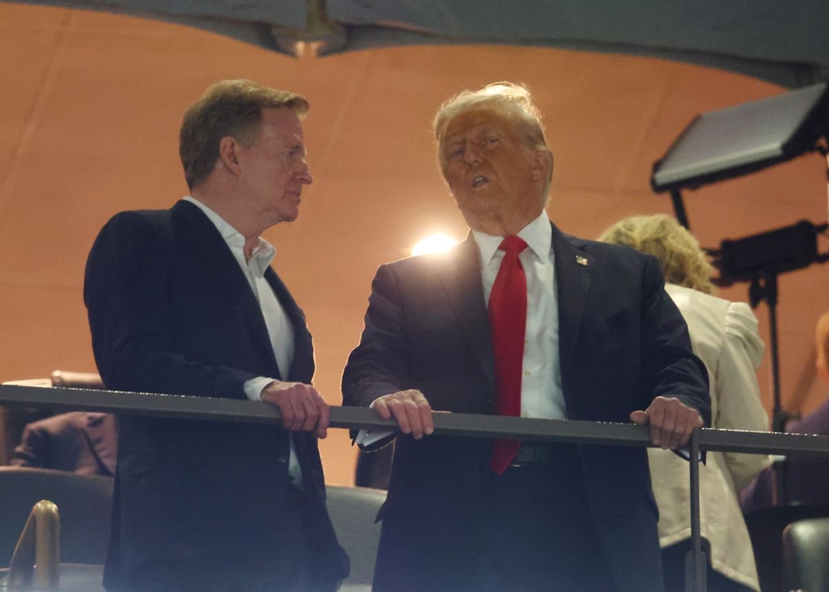Feb 9, 2025; New Orleans, LA, USA; President Donald Trump talks with NFL commissioner Roger Goodell before Super Bowl LIX between the Philadelphia Eagles and the Kansas City Chiefs at Ceasars Superdome. Mandatory Credit: Mark J. Rebilas-Imagn Images