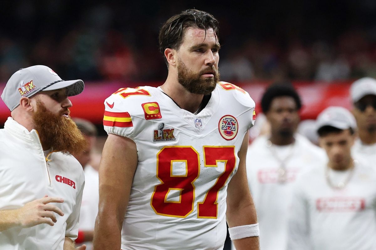 Feb 9, 2025; New Orleans, LA, USA; Kansas City Chiefs tight end Travis Kelce (87) walks off the field at the end of the first half of Super Bowl LIX at Caesars Superdome. Mandatory Credit: Geoff Burke-Imagn Images
