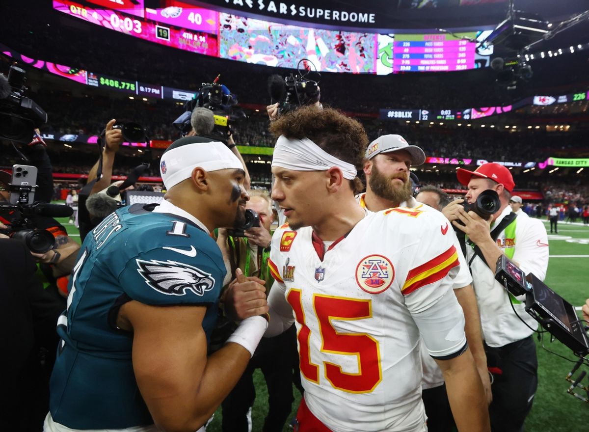 Feb 9, 2025; New Orleans, LA, USA; Philadelphia Eagles quarterback Jalen Hurts (1) shakes hands with Kansas City Chiefs quarterback Patrick Mahomes (15) after Super Bowl LIX at Ceasars Superdome. Mandatory Credit: Mark J. Rebilas-Imagn Images