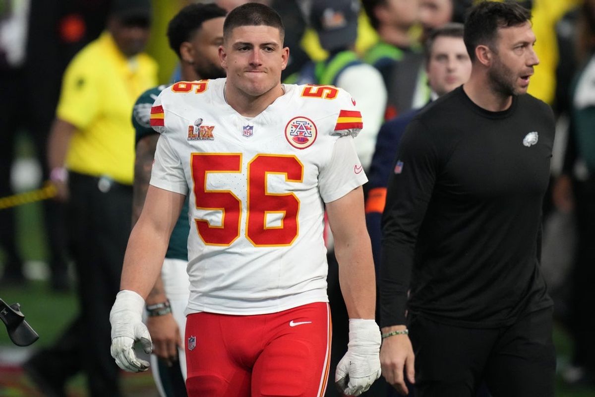 Feb 9, 2025; New Orleans, LA, USA; Kansas City Chiefs defensive end George Karlaftis (56) reacts after the losing to the Philadelphia Eagles in Super Bowl LIX at Caesars Superdome. Mandatory Credit: Kirby Lee-Imagn Images