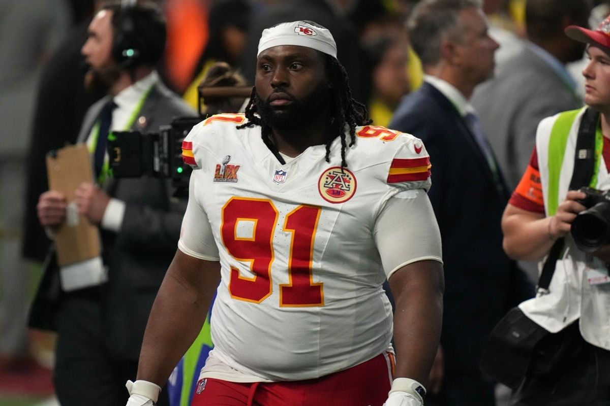 Feb 9, 2025; New Orleans, LA, USA; Kansas City Chiefs defensive tackle Derrick Nnadi (91) reacts after losing to the Philadelphia Eagles in Super Bowl LIX at Caesars Superdome. Mandatory Credit: Kirby Lee-Imagn Images