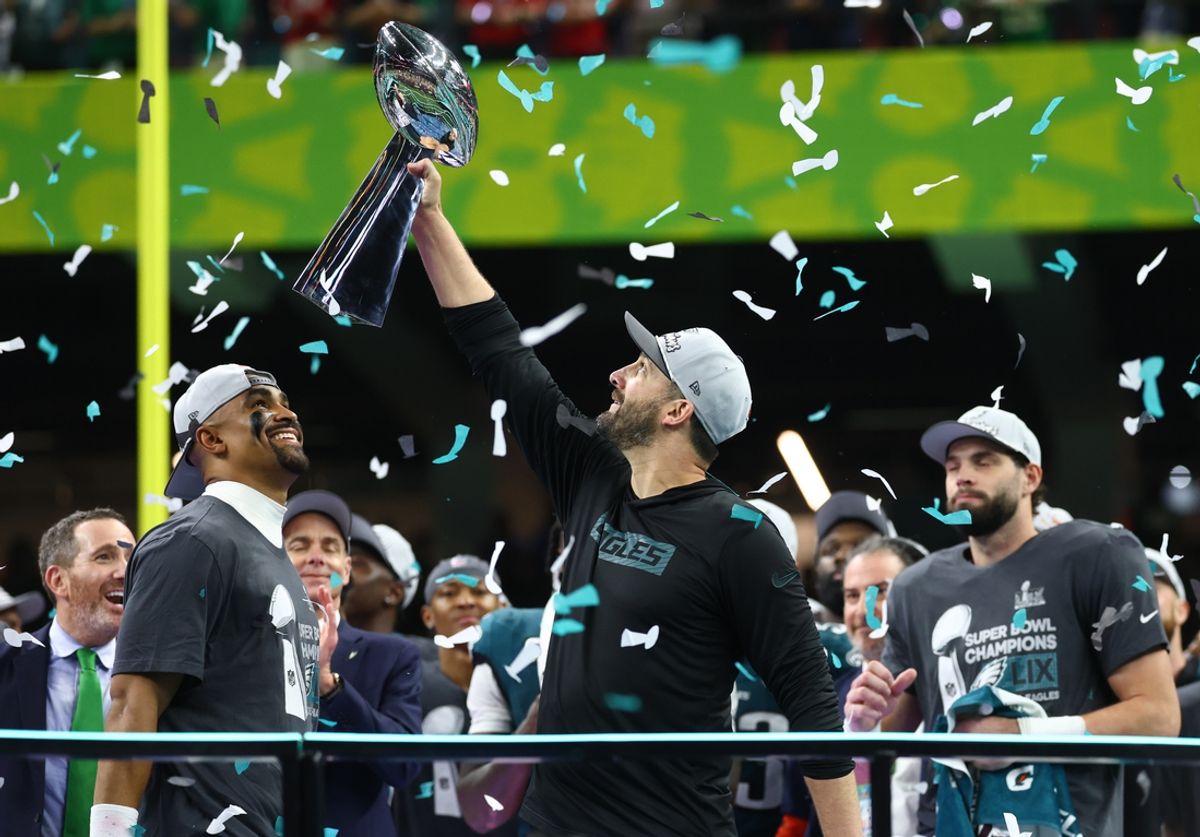 Feb 9, 2025; New Orleans, LA, USA; Philadelphia Eagles head coach Nick Sirianni hoists the Vince Lombardi Trophy after defeating the Kansas City Chiefs in Super Bowl LIX at Ceasars Superdome. Mandatory Credit: Mark J. Rebilas-Imagn Images