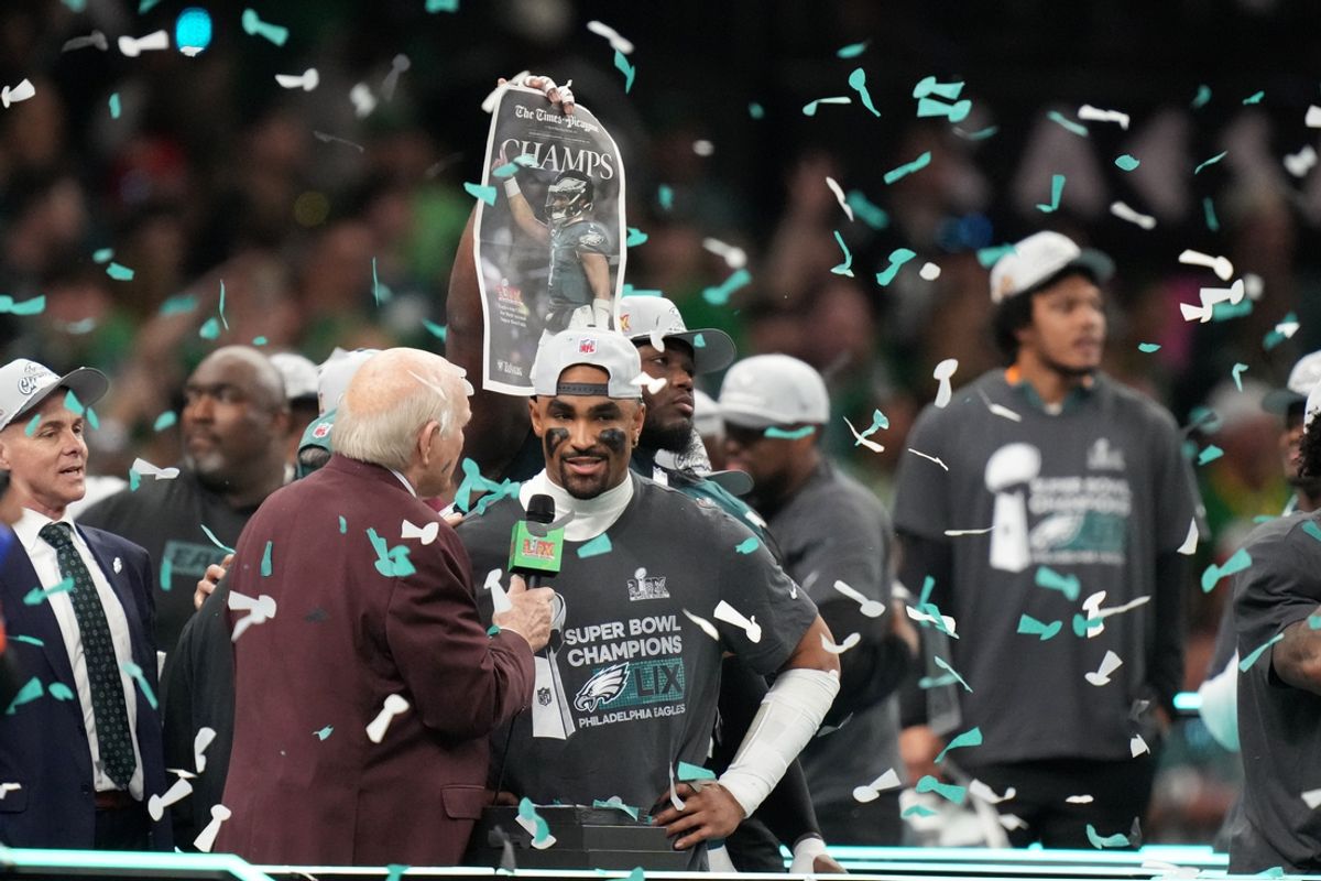 Feb 9, 2025; New Orleans, LA, USA; Philadelphia Eagles quarterback Jalen Hurts (1) talks with Fox announcer Terry Bradshaw after defeating the Kansas City Chiefs in Super Bowl LIX at Ceasars Superdome. Mandatory Credit: Kirby Lee-Imagn Images