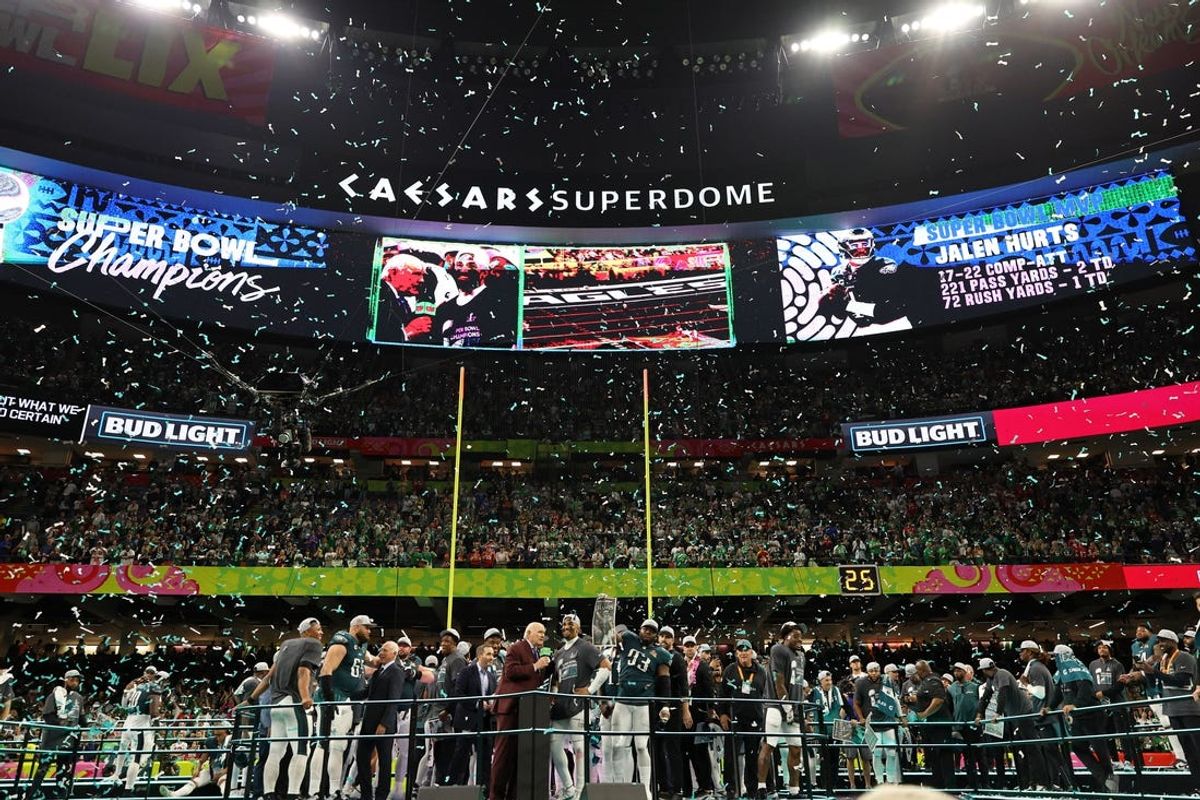 Feb 9, 2025; New Orleans, LA, USA; A general view as Fox NFL Sunday co-host Terry Bradshaw interviews Philadelphia Eagles quarterback Jalen Hurts (1) after winning against Kansas City Chiefs in Super Bowl LIX at Caesars Superdome. Mandatory Credit: Geoff Burke-Imagn Images