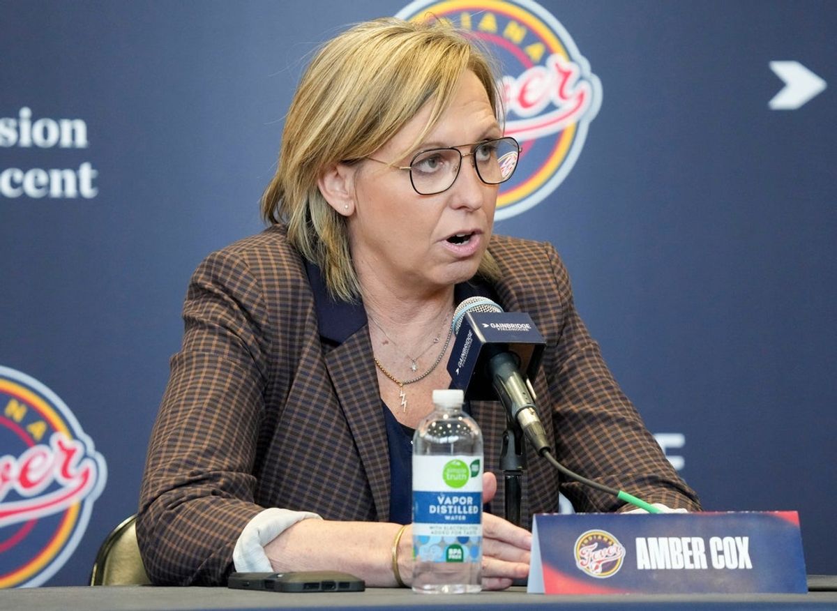 Indiana Fever General Manager Amber Cox speaks during an introductory press conference for forward DeWanna Bonner on Monday, Feb. 10, 2025, at Gainbridge Fieldhouse in Indianapolis.