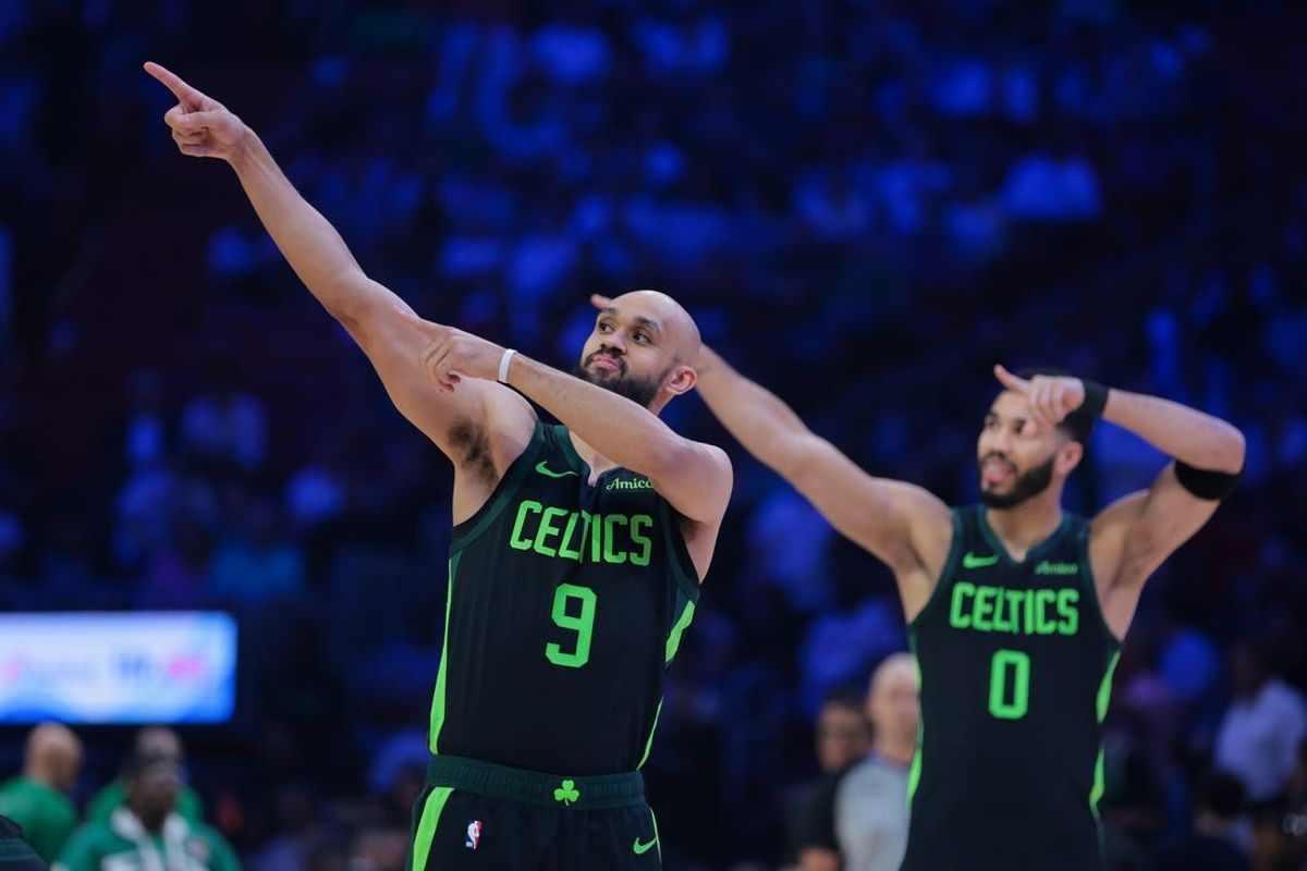 Feb 10, 2025; Miami, Florida, USA; Boston Celtics guard Derrick White (9) signals before the game against the Miami Heat at Kaseya Center. Mandatory Credit: Sam Navarro-Imagn Images