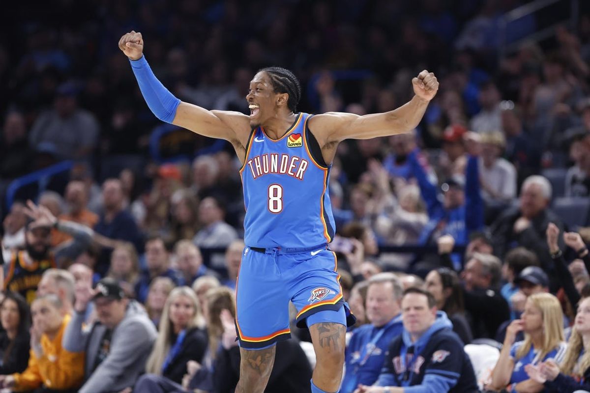 Feb 10, 2025; Oklahoma City, Oklahoma, USA; Oklahoma City Thunder forward Jalen Williams (8) celebrates after scoring against the New Orleans Pelicans during the second half at Paycom Center. Mandatory Credit: Alonzo Adams-Imagn Images