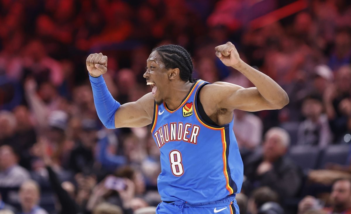 Feb 10, 2025; Oklahoma City, Oklahoma, USA; Oklahoma City Thunder forward Jalen Williams (8) celebrates after scoring against the New Orleans Pelicans during the second half at Paycom Center. Mandatory Credit: Alonzo Adams-Imagn Images