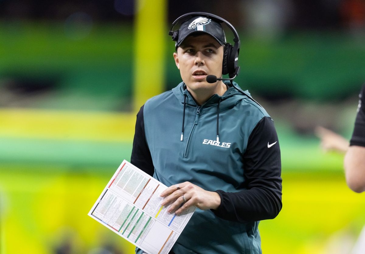 Feb 9, 2025; New Orleans, LA, USA;  Philadelphia Eagles offensive coordinator Kellen Moore against the Kansas City Chiefs during Super Bowl LIX at Ceasars Superdome. Mandatory Credit: Mark J. Rebilas-Imagn Images