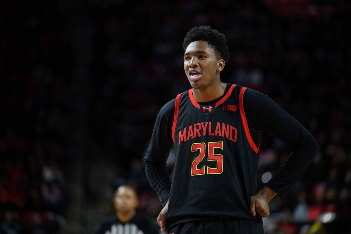Feb 9, 2025; College Park, Maryland, USA; Maryland Terrapins center Derik Queen (25) looks on during the second half against the Rutgers Scarlet Knights at Xfinity Center. Mandatory Credit: Reggie Hildred-Imagn Images