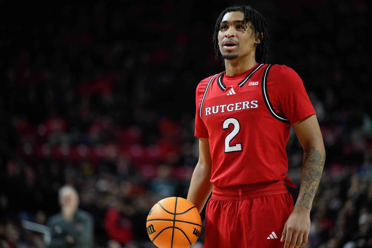 Feb 9, 2025; College Park, Maryland, USA; Rutgers Scarlet Knights guard Dylan Harper (2) prepares to shoot a free throw during the first half against the Maryland Terrapins at Xfinity Center. Mandatory Credit: Reggie Hildred-Imagn Images