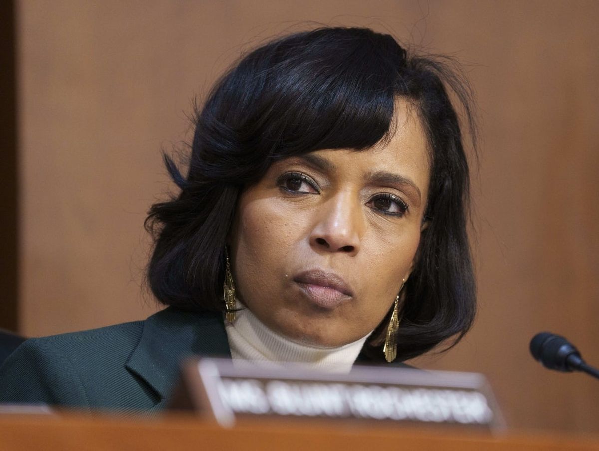 Feb 11, 2025; Washington, D.C., USA; Senator Angela Alsobrooks (D-MD) listens as Jerome Powell, Chair of the Federal Reserve, speaks to the Senate Banking, Housing, and Urban Affairs committee in regards to The Federal Reserve’s Semi-Annual Monetary Policy Report. Mandatory Credit: Jack Gruber-USA TODAY