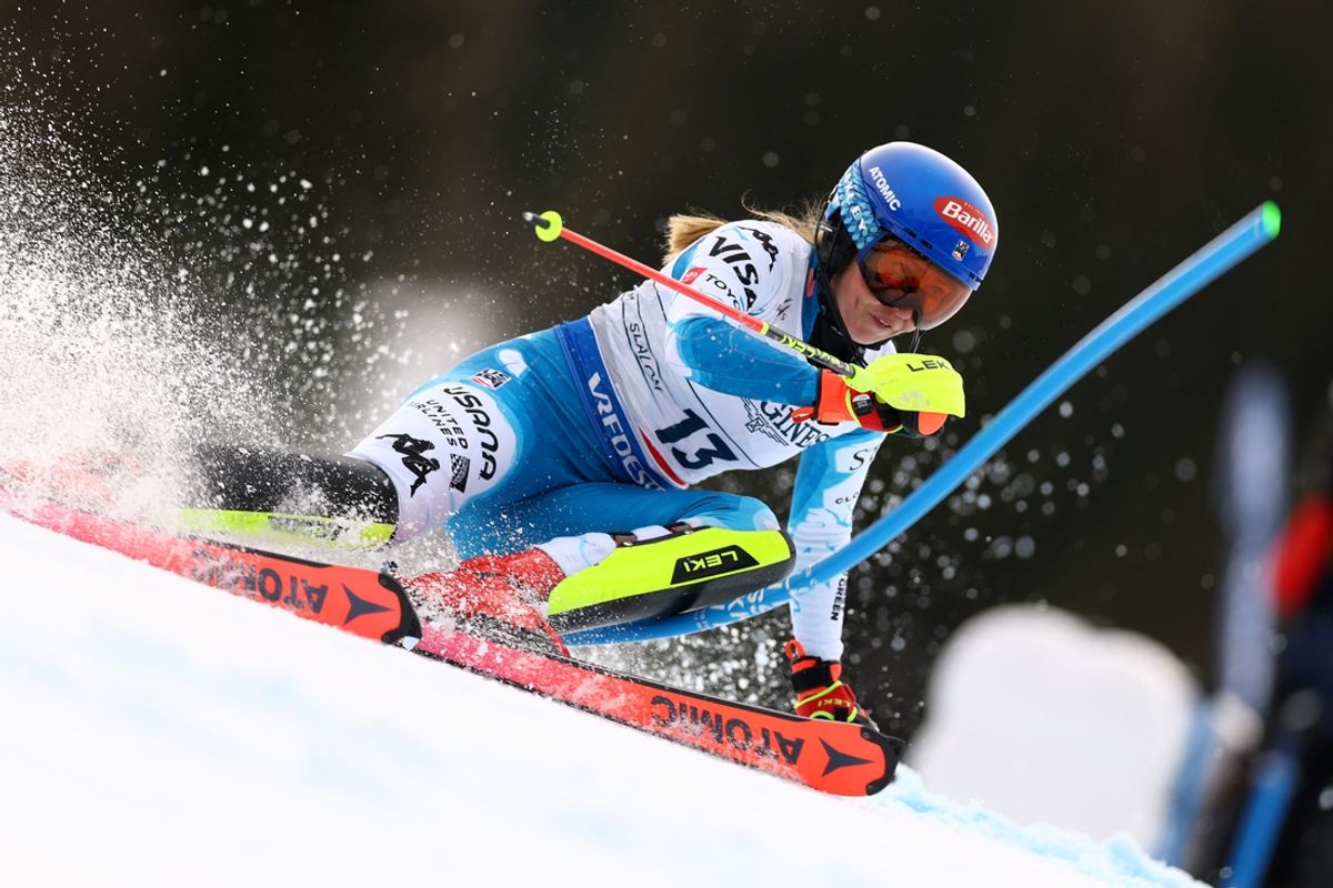 Feb 11, 2025; Saalbach, AUSTRIA; Mikaela Shiffrin of the United States in action in the women's team combined event at the FIS Alpine World Championships in Saalbach. Mandatory Credit: Lisi Niesner/Reuters via Imagn Images