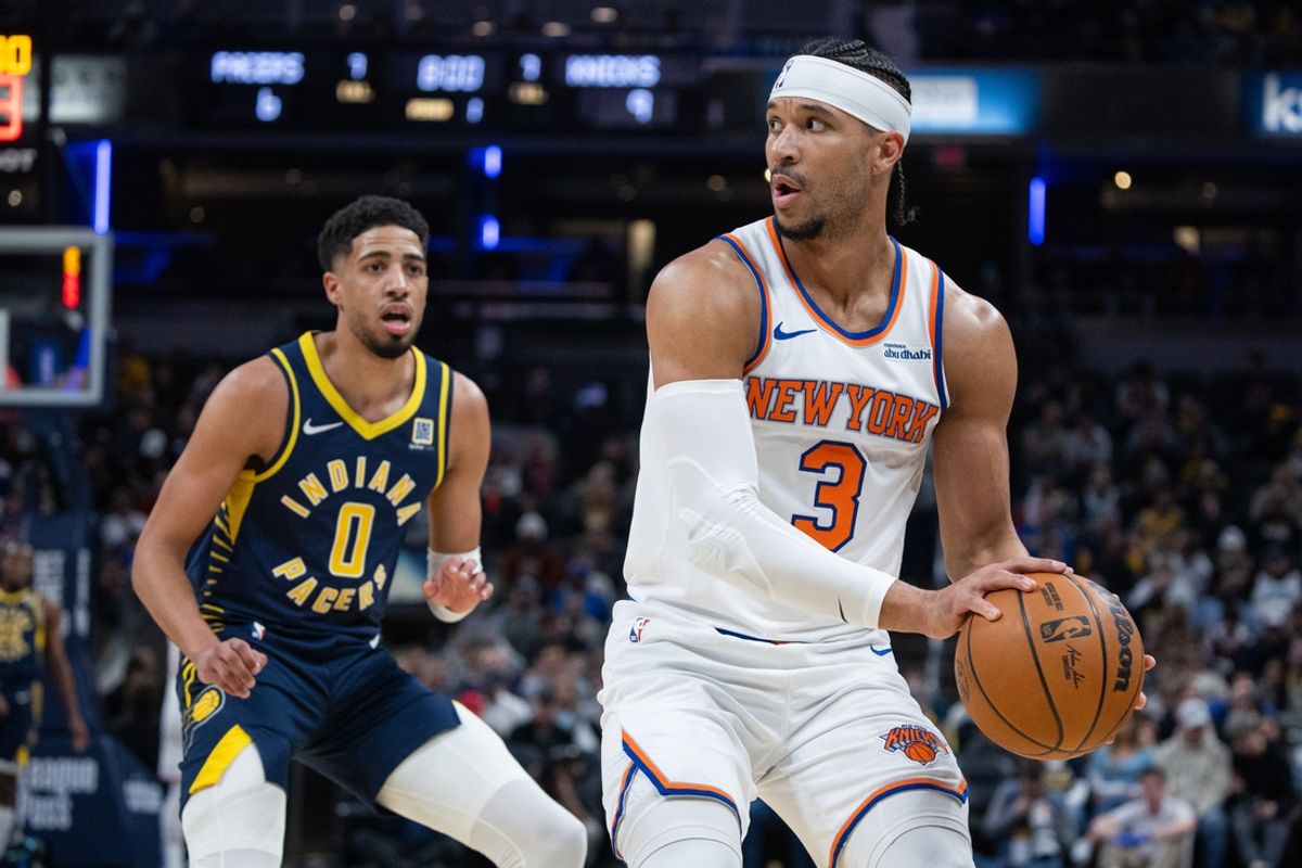 Feb 11, 2025; Indianapolis, Indiana, USA; New York Knicks guard Josh Hart (3) holds the ball while Indiana Pacers guard Tyrese Haliburton (0) defends in the first half at Gainbridge Fieldhouse. Mandatory Credit: Trevor Ruszkowski-Imagn Images