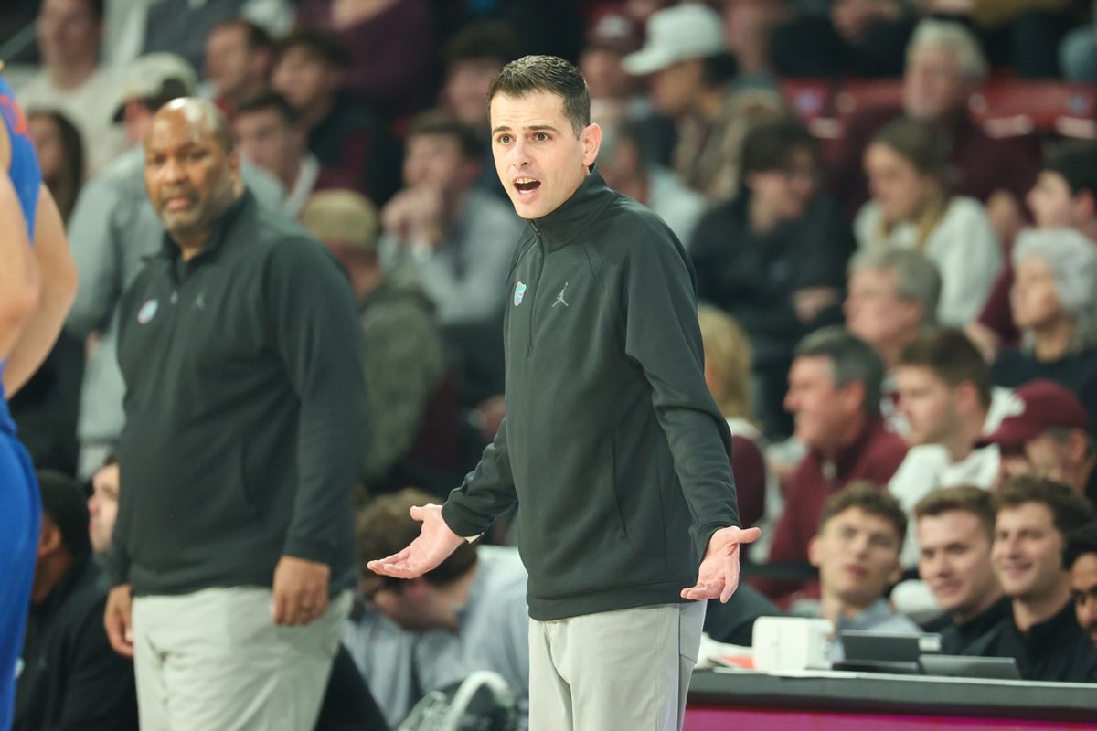 Feb 11, 2025; Starkville, Mississippi, USA; Florida Gators Head Coach Todd Golden reacts against the Mississippi State Bulldogs during the first half at Humphrey Coliseum. Mandatory Credit: Wesley Hale-Imagn Images