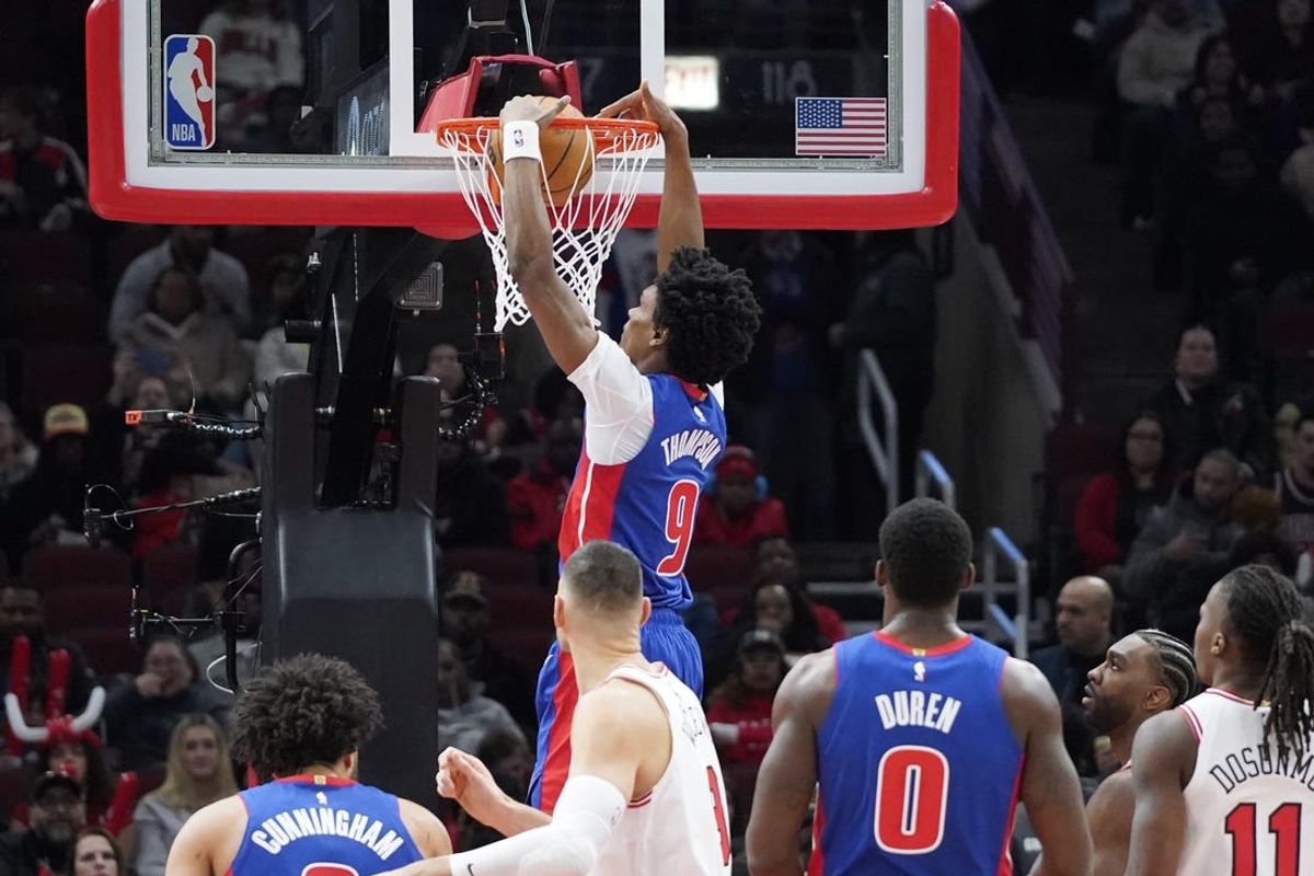 Feb 11, 2025; Chicago, Illinois, USA; Detroit Pistons forward Ausar Thompson (9) dunks the ball against the Chicago Bulls during the first quarter at United Center. Mandatory Credit: David Banks-Imagn Images