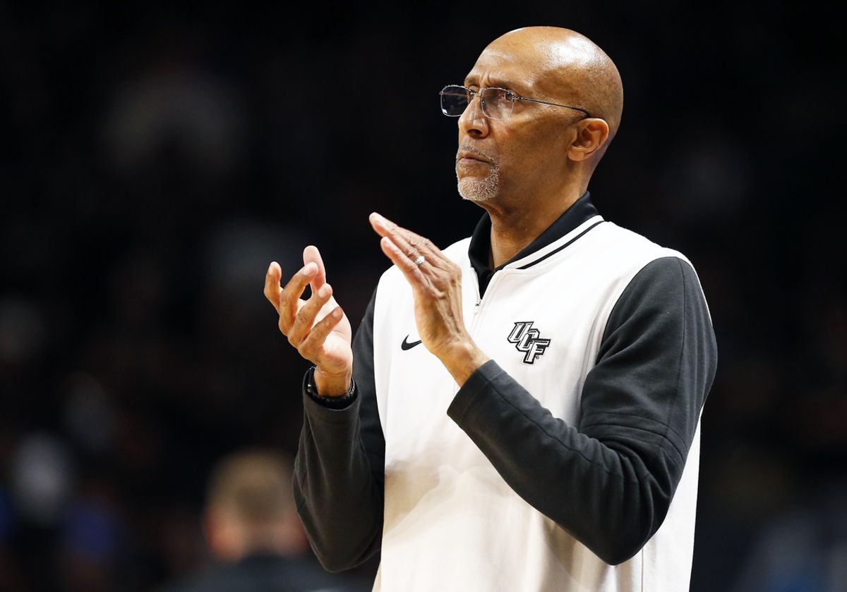 Feb 11, 2025; Orlando, Florida, USA;  Central Florida Knights head coach Johnny Dawkins during a game against the Iowa State Cyclones at Addition Financial Arena. Mandatory Credit: Russell Lansford-Imagn Images