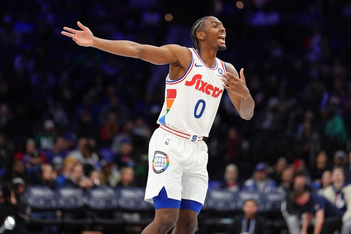 Feb 11, 2025; Philadelphia, Pennsylvania, USA; Philadelphia 76ers guard Tyrese Maxey (0) reacts against the Toronto Raptors in the third quarter at Wells Fargo Center. Mandatory Credit: Kyle Ross-Imagn Images