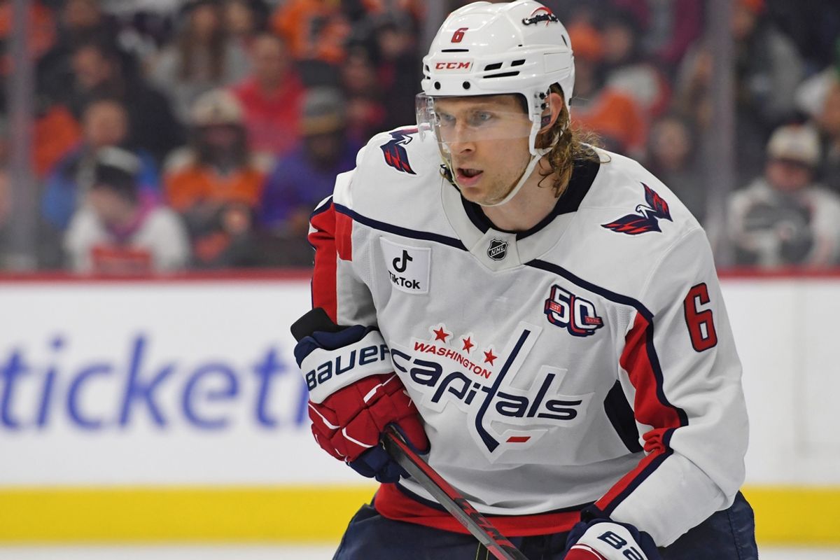 Feb 6, 2025; Philadelphia, Pennsylvania, USA; Washington Capitals defenseman Jakob Chychrun (6) against the Philadelphia Flyers at Wells Fargo Center. Mandatory Credit: Eric Hartline-Imagn Images