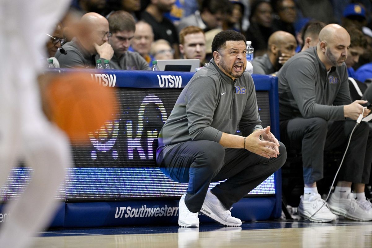 Feb 11, 2025; Dallas, Texas, USA; Pittsburgh Panthers head coach Jeff Capel yells to his team during the first half against the Southern Methodist Mustangs at Moody Coliseum. Mandatory Credit: Jerome Miron-Imagn Images