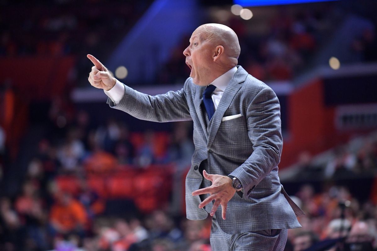 Feb 11, 2025; Champaign, Illinois, USA;  UCLA Bruins head coach Mick Cronin reacts during the second half against the Illinois Fighting Illini at State Farm Center. Mandatory Credit: Ron Johnson-Imagn Images