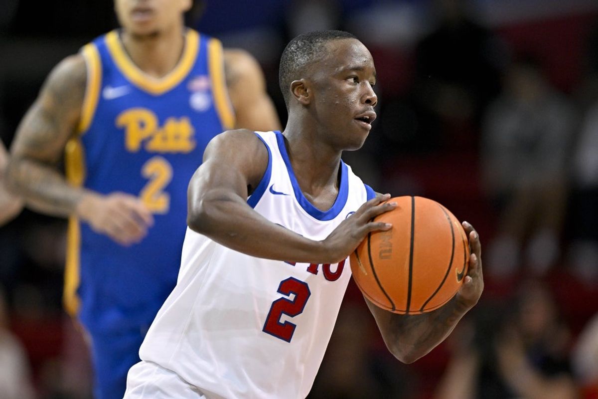 Feb 11, 2025; Dallas, Texas, USA; Southern Methodist Mustangs guard Boopie Miller (2) passes the ball during the second half against the Pittsburgh Panthers at Moody Coliseum. Mandatory Credit: Jerome Miron-Imagn Images