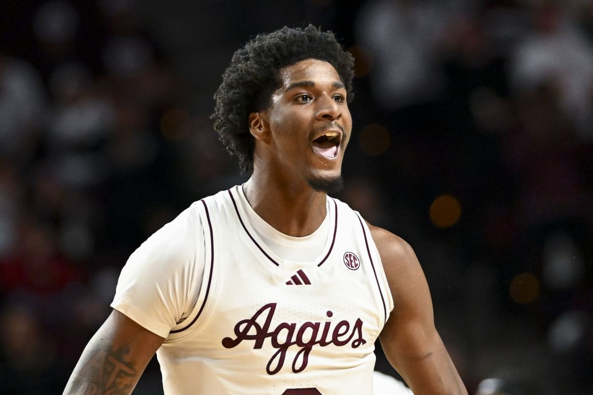 Feb 11, 2025; College Station, Texas, USA; Texas A&M Aggies forward Solomon Washington (9) reacts during the second half against the Georgia Bulldogs at Reed Arena. Mandatory Credit: Maria Lysaker-Imagn Images