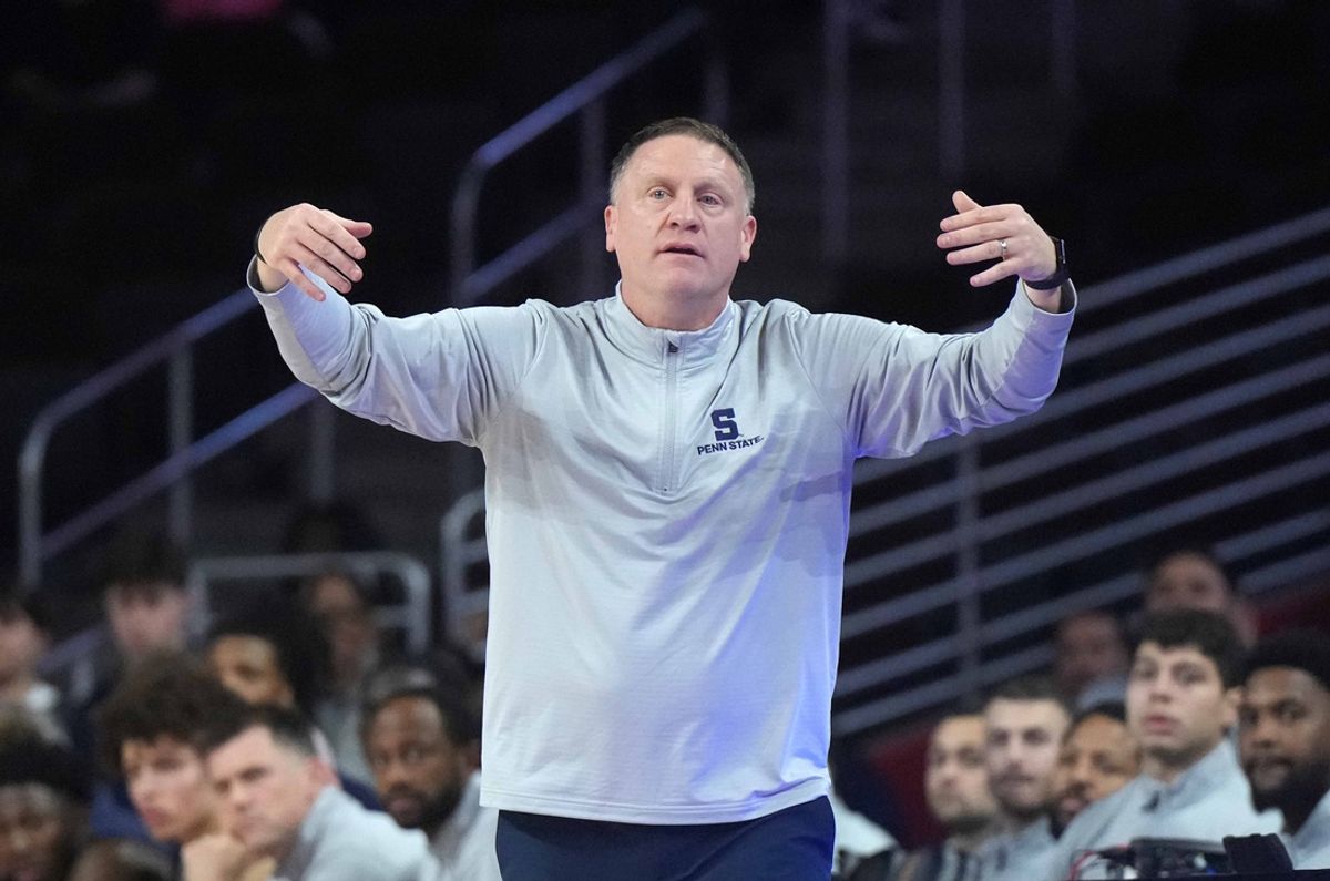 Feb 11, 2025; Los Angeles, California, USA; Penn State Nittany Lions head coach MIke Rhoades reacts against the Southern California Trojans in the first half at Galen Center. Mandatory Credit: Kirby Lee-Imagn Images