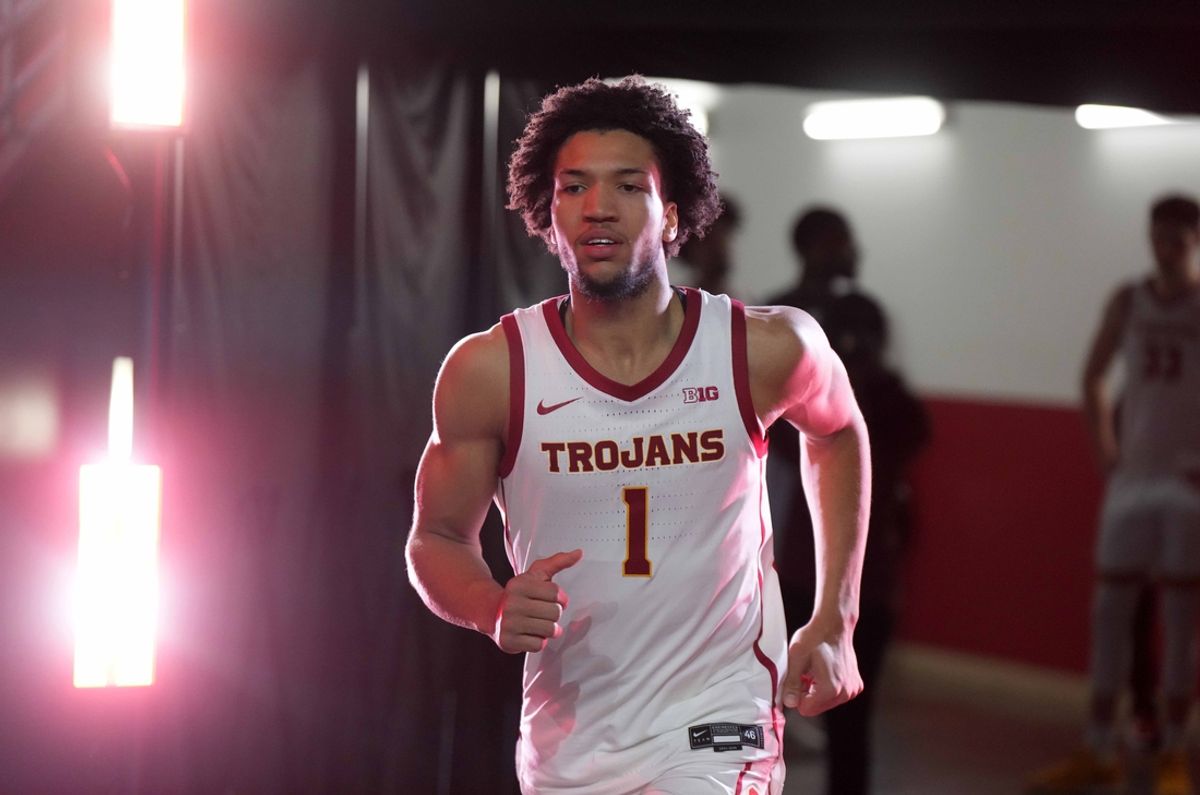 Feb 11, 2025; Los Angeles, California, USA; Southern California Trojans guard Desmond Claude (1) enters the court against the Penn State Nittany Lions at Galen Center. Mandatory Credit: Kirby Lee-Imagn Images