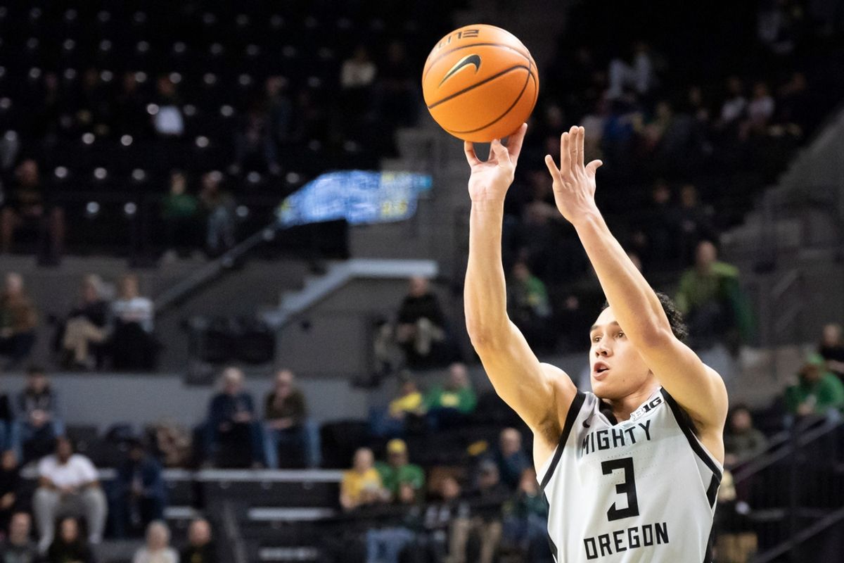 Oregon guard Jackson Shelstad puts up a shot as the Oregon Ducks host the Northwestern Wildcats Tuesday, Feb. 11, 2025, at Matthew Knight Arena in Eugene, Ore.