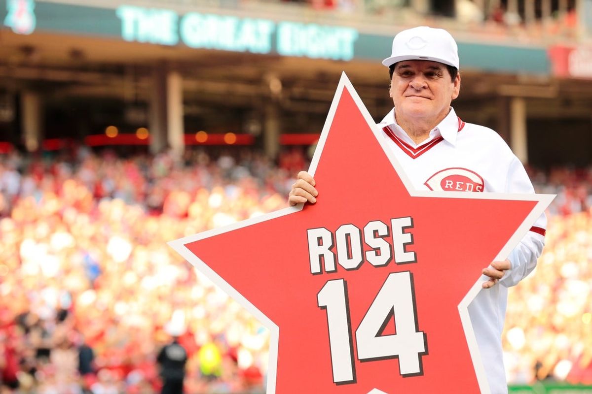 Reds great Pete Rose holds a star bearing his name before the MLB National League game between the Cincinnati Reds and the San Diego Padres at Great American Ball Park in downtown Cincinnati on Friday, June 24, 2016.
