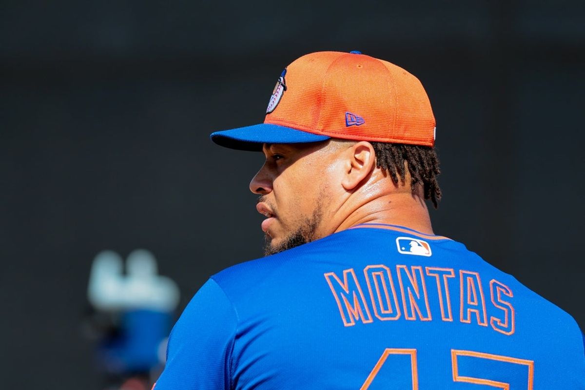Feb 12, 2025; Port St. Lucie, FL, USA; New York Mets pitcher Frankie Montas (47) pitches during a Spring Training workout at Clover Park. Mandatory Credit: Sam Navarro-Imagn Images