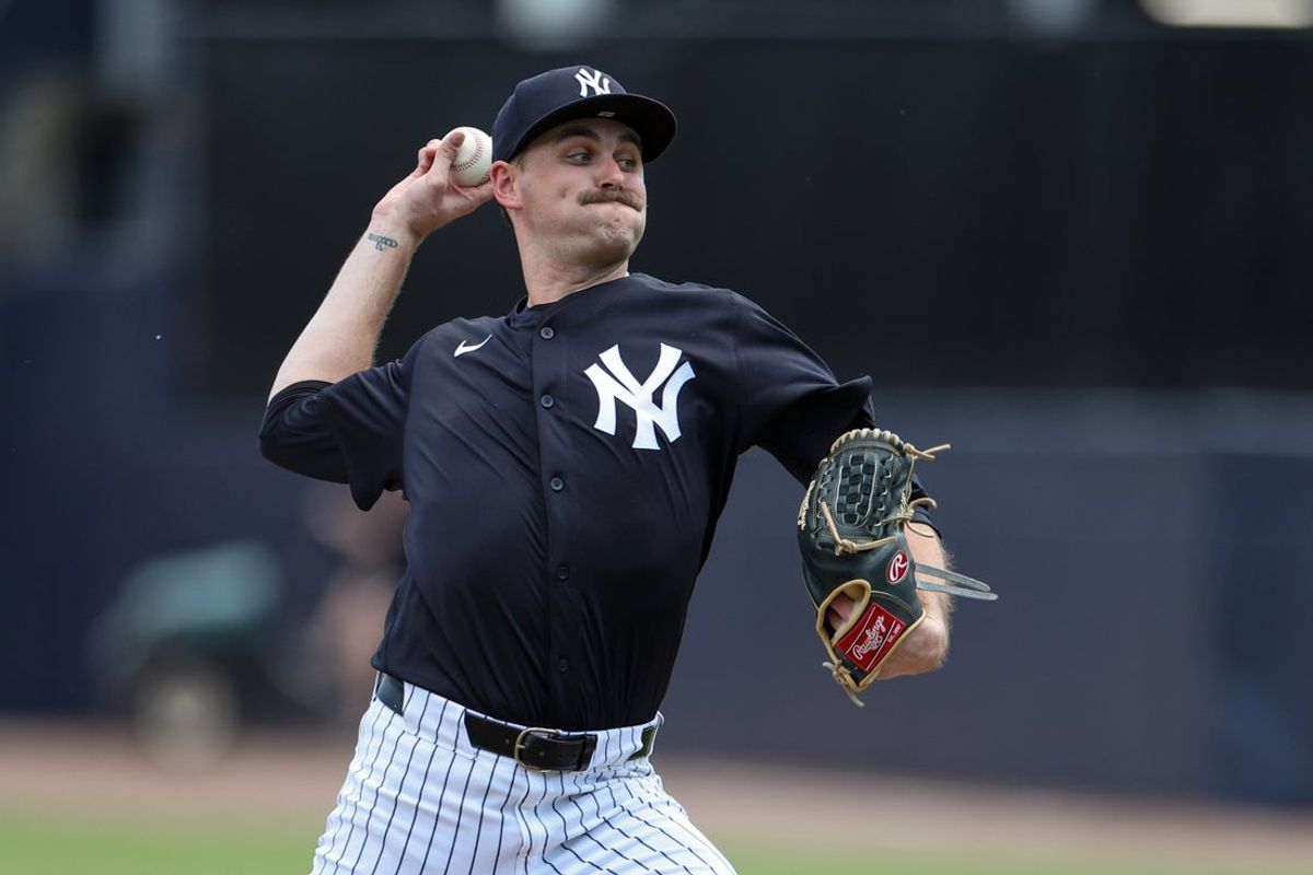 Feb 12, 2025; Tampa, FL, USA; New York Yankees starting pitcher JT Brubaker (34) participates in spring training workouts at George M. Steinbrenner Field. Mandatory Credit: Nathan Ray Seebeck-Imagn Images