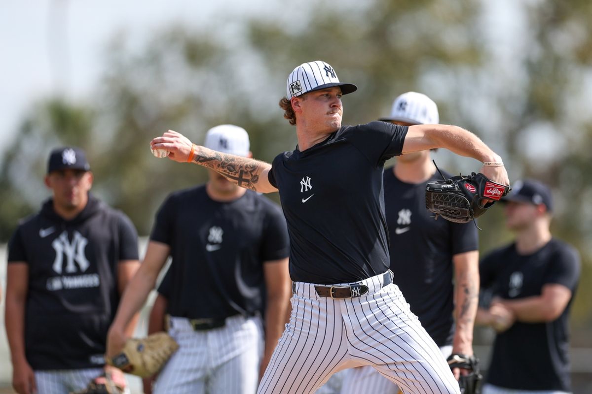 Feb 12, 2025; Tampa, FL, USA; New York Yankees pitcher Chase Hampton (86) participates in spring training workouts at George M. Steinbrenner Field. Mandatory Credit: Nathan Ray Seebeck-Imagn Images