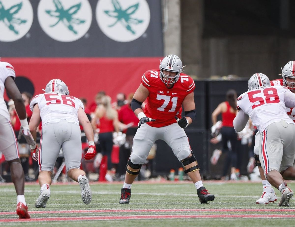 Team Brutus offensive tackle Ben Christman (71) during the Ohio State Buckeyes football spring game at Ohio Stadium in Columbus on Saturday, April 17, 2021.