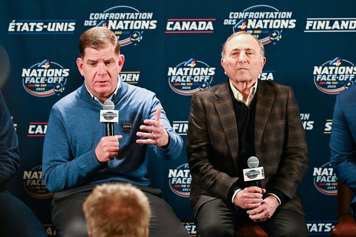 Feb 12, 2025; Montreal, Quebec, CAN; [Imagn Images direct customers only] NHLPA executive director Marty Walsh addresses the press sitting beside NHL commissioner Gary Bettman before a 4 Nations Face-Off ice hockey game at Bell Centre. Mandatory Credit: David Kirouac-Imagn Images