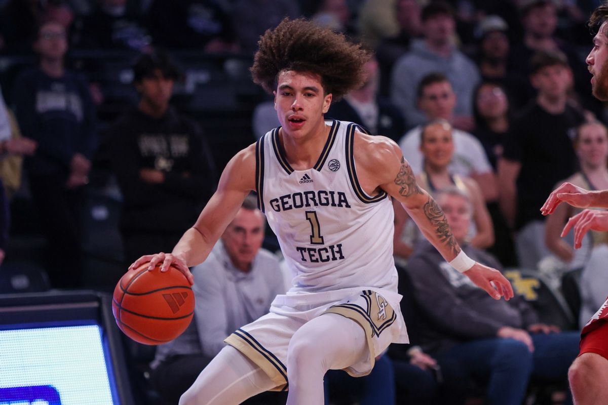 Feb 12, 2025; Atlanta, Georgia, USA; Georgia Tech Yellow Jackets guard Naithan George (1) dribbles against the Stanford Cardinal in the second half at McCamish Pavilion. Mandatory Credit: Brett Davis-Imagn Images