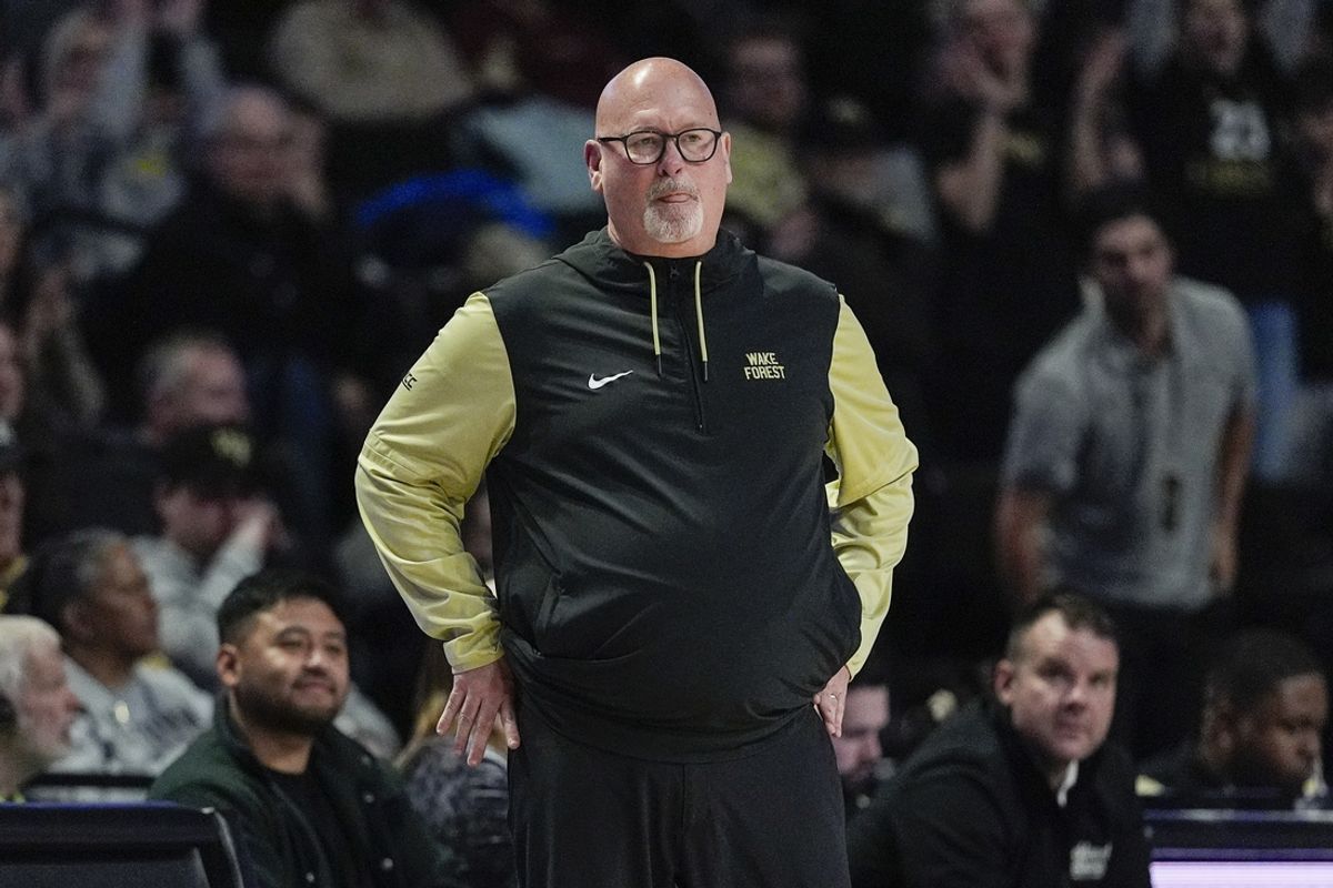 Feb 12, 2025; Winston-Salem, North Carolina, USA; Wake Forest Demon Deacons head coach Steve Forbes during the second half against the Florida State Seminoles at Lawrence Joel Veterans Memorial Coliseum. Mandatory Credit: Jim Dedmon-Imagn Images