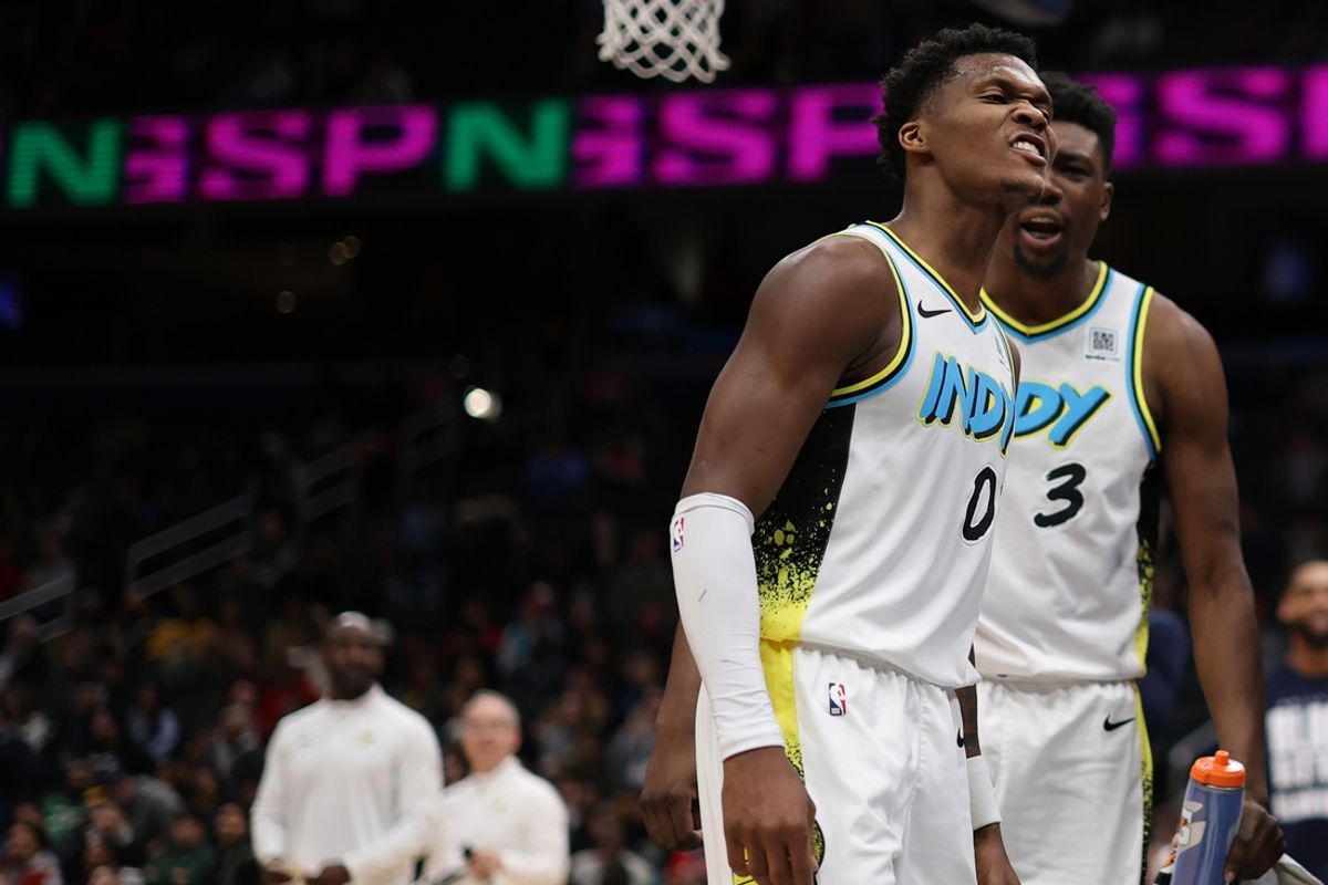 Feb 12, 2025; Washington, District of Columbia, USA; Indiana Pacers guard Bennedict Mathurin (00) reacts after scoring against the Washington Wizards in overtime at Capital One Arena. Mandatory Credit: Geoff Burke-Imagn Images