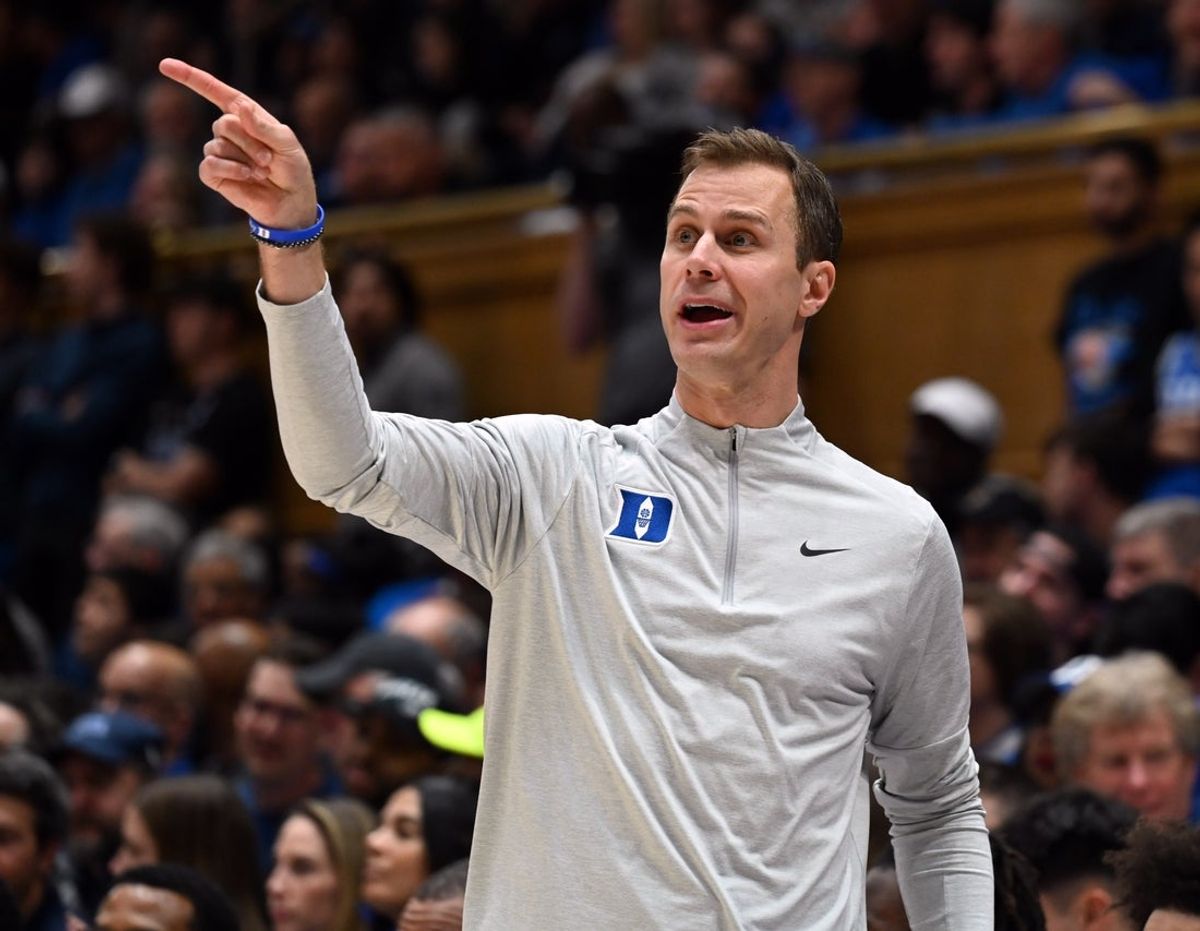 Feb 12, 2025; Durham, North Carolina, USA; Duke Blue Devils head coach Jon Scheyer directs his team during the second half against the California Golden Bears at Cameron Indoor Stadium. Mandatory Credit: Rob Kinnan-Imagn Images