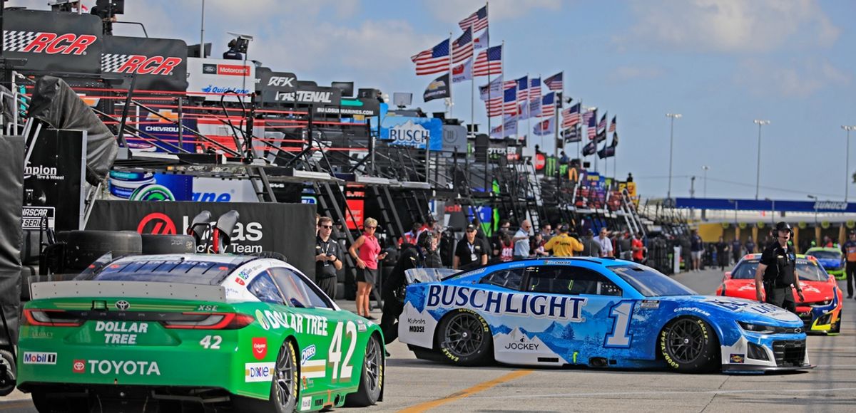 Drivers go in and out of the garages during the first NASCAR Cup Series practice on Wednesday, Feb. 12, 2025.