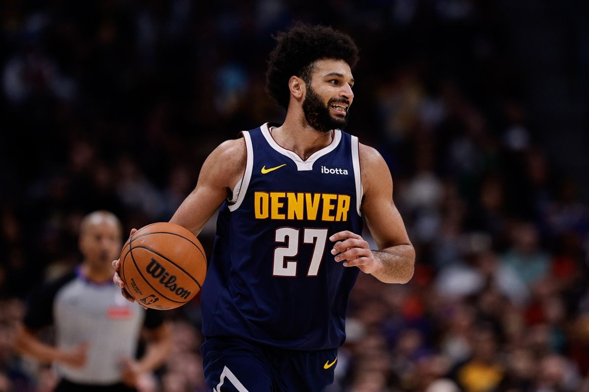 Feb 12, 2025; Denver, Colorado, USA; Denver Nuggets guard Jamal Murray (27) dribbles the ball up court in the fourth quarter against the Portland Trail Blazers at Ball Arena. Mandatory Credit: Isaiah J. Downing-Imagn Images