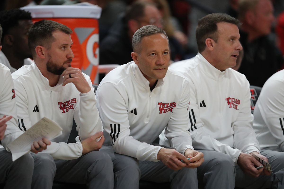 Feb 12, 2025; Lubbock, Texas, USA;  Texas Tech Red Raiders head coach Grant McCasland on the bench in the second half during the game against the Arizona State Sun Devils at United Supermarkets Arena. Mandatory Credit: Michael C. Johnson-Imagn Images