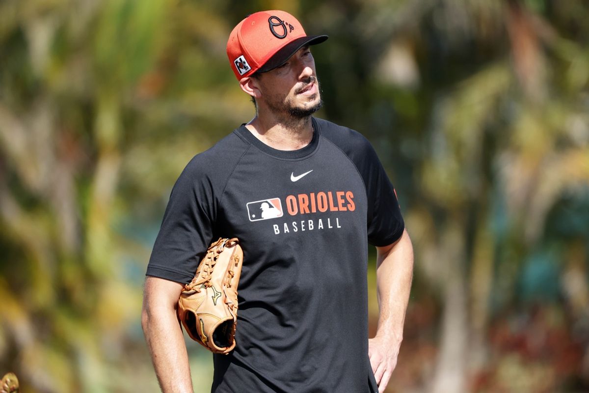 Feb 13, 2025; Sarasota, FL, USA;  Baltimore Orioles pitcher Charlie Morton (50) during spring training workouts at Ed Smith Stadium. Mandatory Credit: Kim Klement Neitzel-Imagn Images