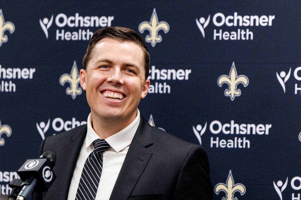 Feb 13, 2025; New Orleans, LA, USA;  New Orleans Saints introduce Kellen Moore as the head coach and he addresses the media at Ochsner Sports Performance Center. Mandatory Credit: Stephen Lew-Imagn Images