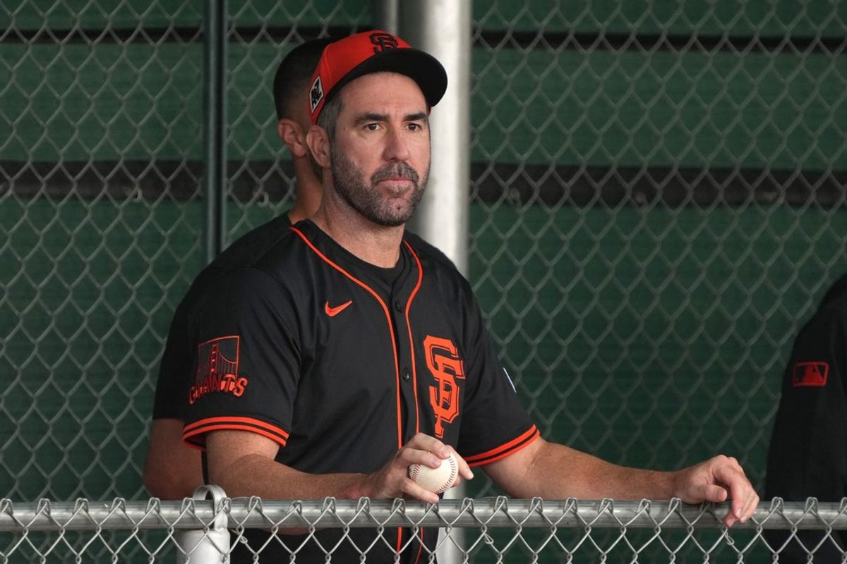 Feb 13, 2025; Scottsdale, AZ, USA; San Francisco Giants pitcher Justin Verlander (35) watches players work out in the bullpen during spring training camp. Mandatory Credit: Rick Scuteri-Imagn Images