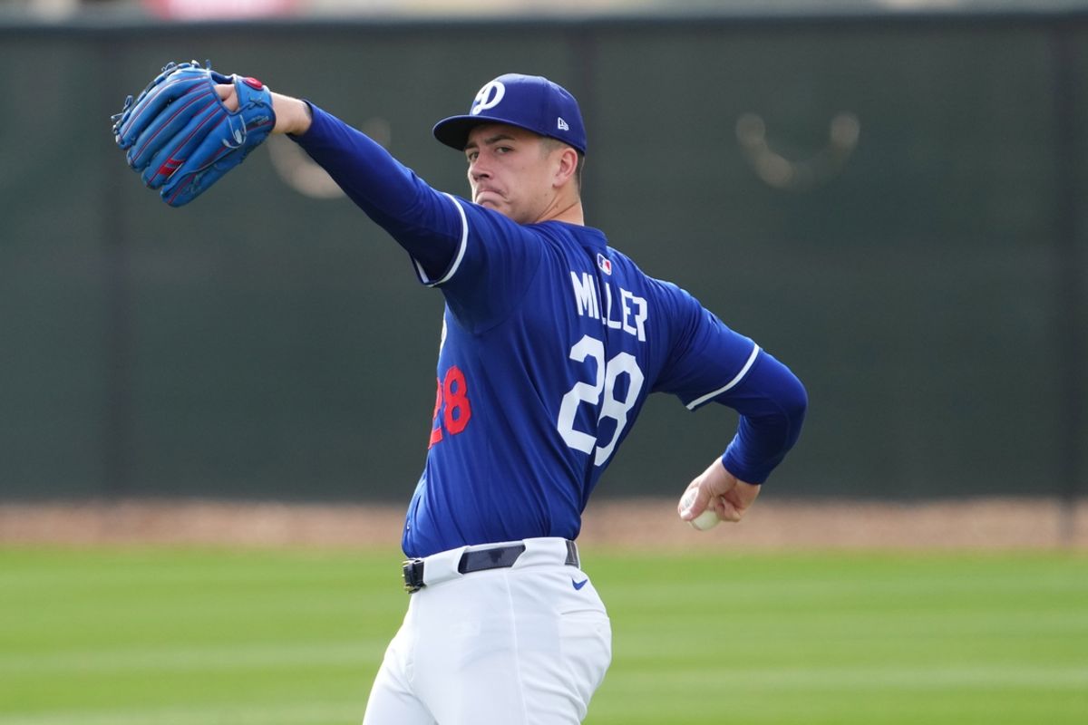 Feb 13, 2025; Glendale, AZ, USA; Los Angeles Dodgers pitcher Bobby Miller (28) during a Spring Training workout at Camelback Ranch Mandatory Credit: Joe Camporeale-Imagn Images
