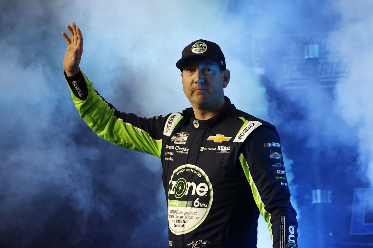 Feb 13, 2025; Daytona Beach, Florida, USA; NASCAR Cup Series driver Kyle Busch (8) during driver introductions for the Duels at Daytona International Speedway. Mandatory Credit: Peter Casey-Imagn Images
