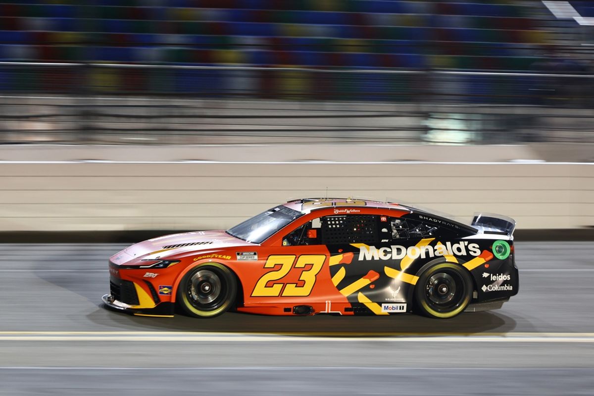 Feb 13, 2025; Daytona Beach, Florida, USA; NASCAR Cup Series driver Bubba Wallace (23) during Duel 1 at Daytona International Speedway. Mandatory Credit: Peter Casey-Imagn Images