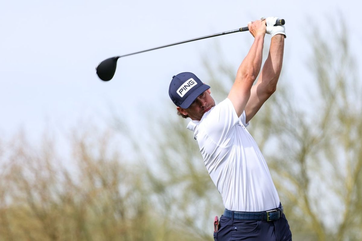 Feb 9, 2025; Scottsdale, Arizona, USA; Taylor Moore of the United States hits his ball off of the tee at hole 9 during the final round of the WM Phoenix Open golf tournament. Mandatory Credit: Aryanna Frank-Imagn Images